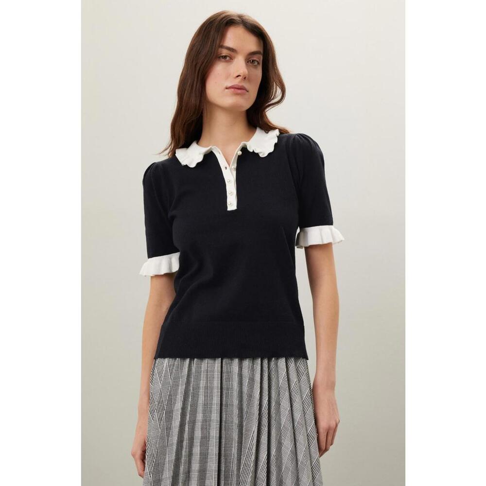 CeCe Black Knit Ruffle Collar Polo Size XS